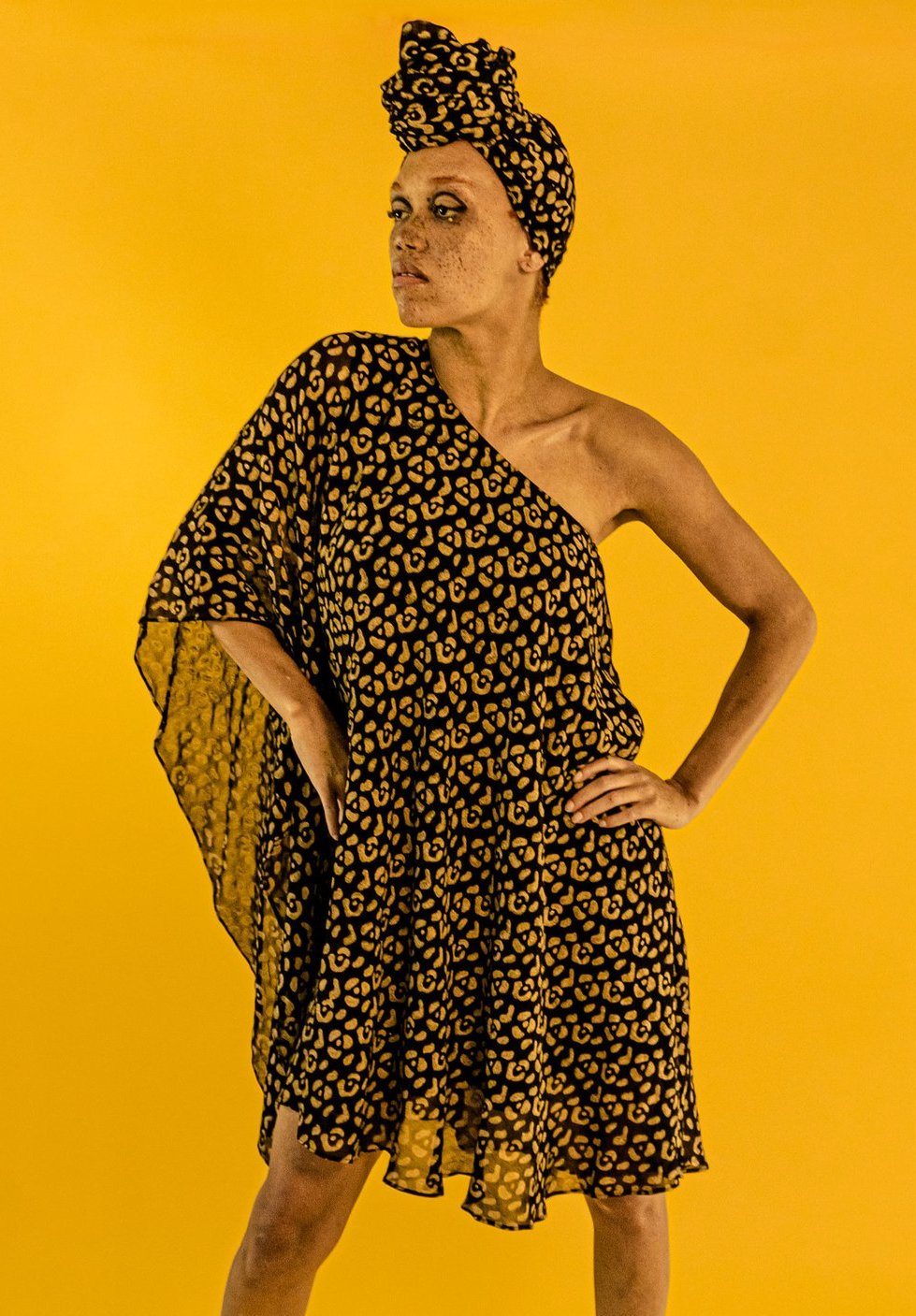 Leopard One Shoulder Dress in Black + Gold