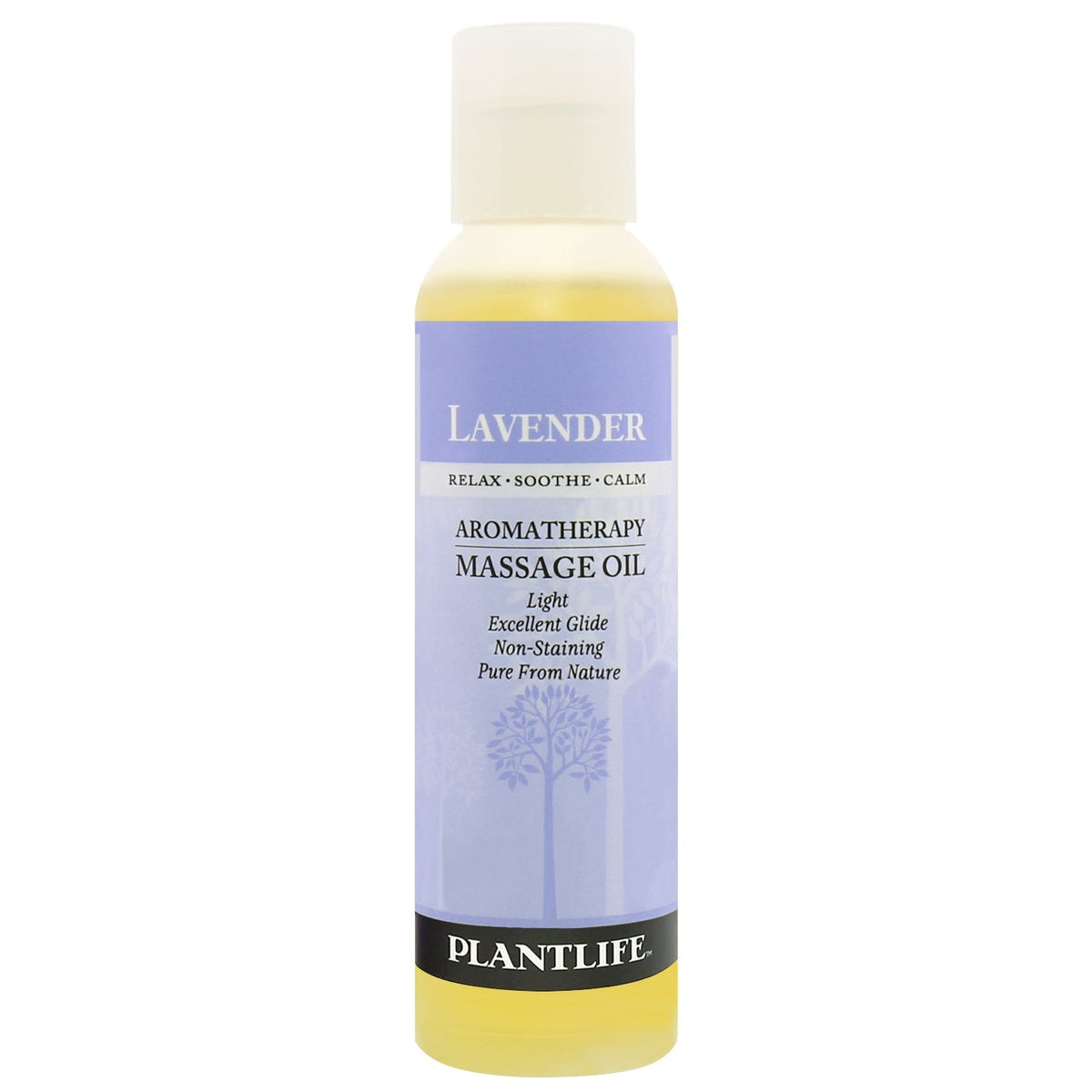 Bottle of Plantlife lavender aromatherapy massage oil on a white background