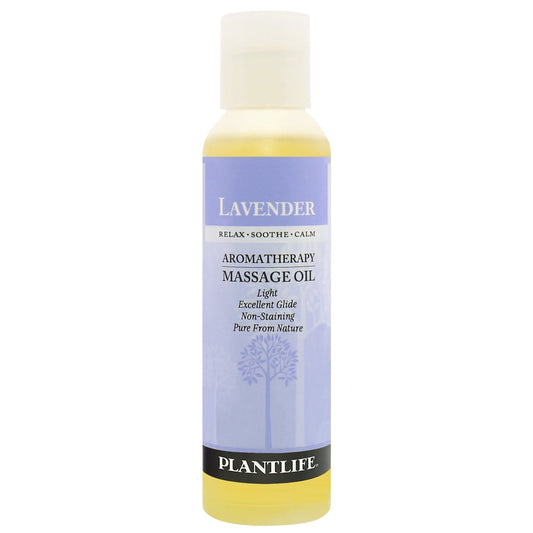 Bottle of Plantlife lavender aromatherapy massage oil on a white background