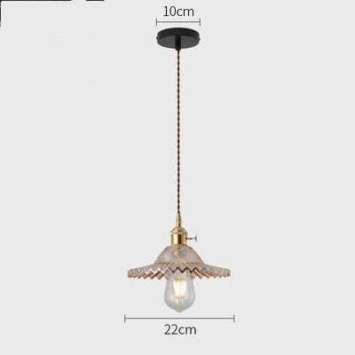 Vintage-style pendant light with measurements on a white background