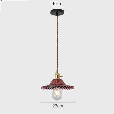 Vintage-style pendant light with measurements on a white background