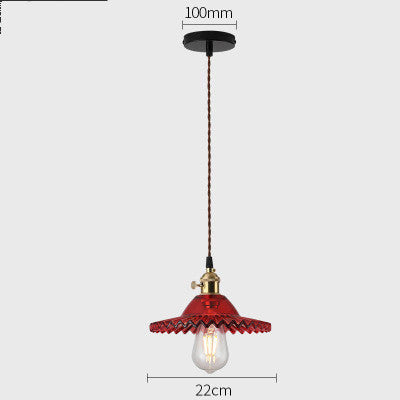 Red pendant light with a bulb inside, shown against a white background with measurements indicated.