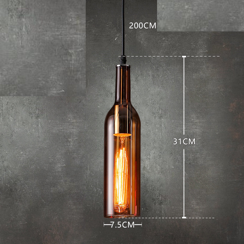 Bottle-shaped pendant light with measurements on a dark gray background