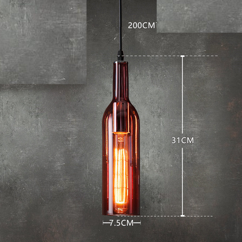 Bottle-shaped pendant light with dimensions on a dark gray background