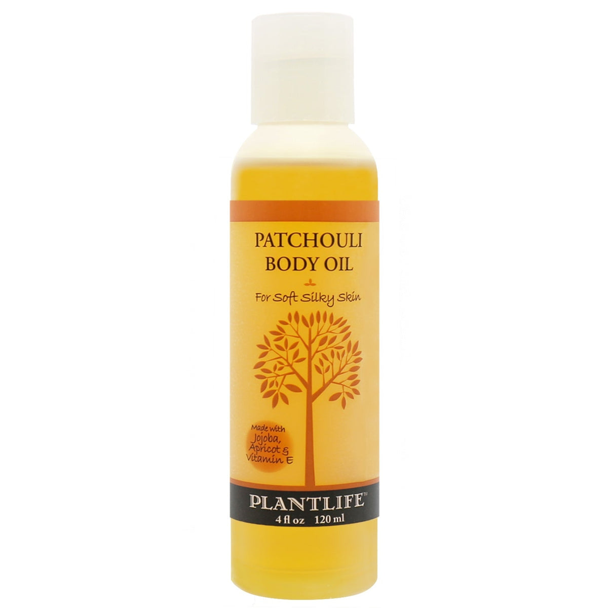 Bottle of Patchouli Body Oil by Plantlife on a white background
