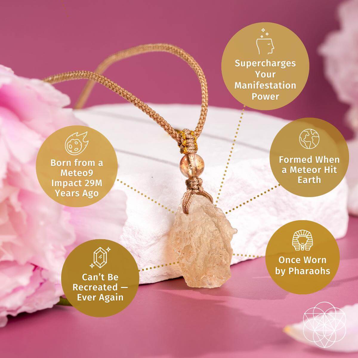 Crystal pendant necklace with pink flowers on a pink background
