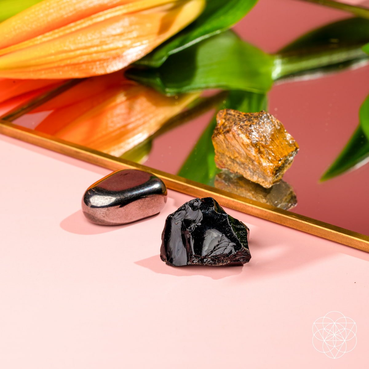 Mineral specimens on a reflective surface with a pink background